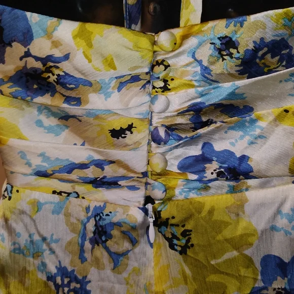VINTAGE BETSEY JOHNSON Yellow, Blue, White Floral Silk Halter Style Dress, sz 8 - Picture 6 of 11
